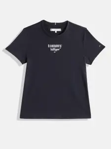 Tommy Hilfiger Girls Navy Blue Brand Logo Rubber Print Round Neck Indigo Pure Cotton Top