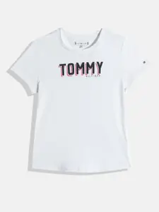 Tommy Hilfiger Girls White Brand Logo Printed Pure Cotton T-shirt