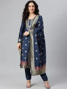 Lilots Blue & Pink  Banarasi Jacquard Unstitched Dress Material