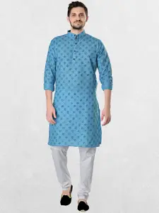 SHIWAM ETHNIX Men Blue & White Floral Printed Kurta with Pyjamas