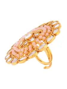 Efulgenz Women Gold-Plated Peach Crystal-Studded Adjustable Finger Ring