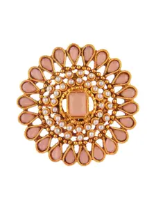 Efulgenz Gold-Plated Peach-Coloured Kundan Studded Ring