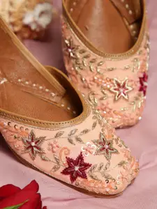 GLAM STORY Women Peach-Coloured Embroidered Leather Mojaris