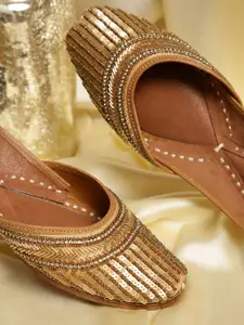 GLAM STORY Women Gold-Toned Leather Embellished Mojaris Flats