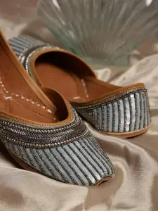 GLAM STORY Women Blue Striped Leather Party Flats