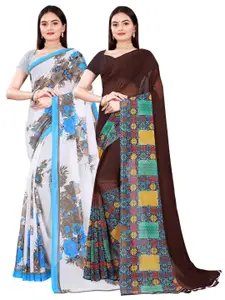KALINI Brown & White Floral Pure Georgette Saree