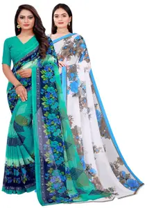 Florence Green & White Floral Printed Combo Pack of 2 Saree Pure Georgette Saree