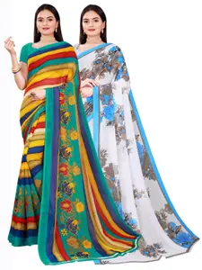 Florence Women White & Blue Set Of 2 Floral Pure Georgette Saree