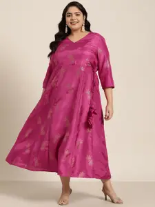 Sztori Women Plus Size Magenta Ethnic Printed Maxi Wrap Dress
