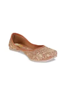 The Desi Dulhan Women Brown Copper Embellished Leather Ethnic Mojaris Flats