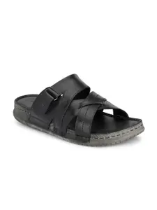 Hitz Men Black Leather  Daily Wear Comfort Sandals