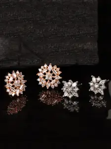 JEWELS GEHNA Set Of 2 Rose Gold-Plated & Silver-Plated Floral Studs Earrings