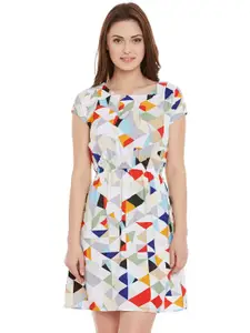 Ruhaans White Geometric Printed Crepe A-Line Dress