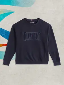 Tommy Hilfiger Boys Navy Blue Brand Logo Self Design Applique Sweatshirt