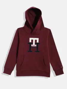Tommy Hilfiger Boys Burgundy Brand Logo Embroidered Hooded Sweatshirt