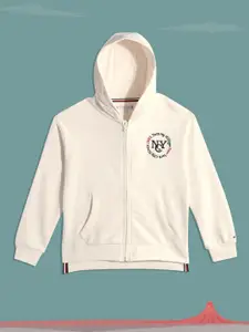 Tommy Hilfiger Girls Off White Brand Logo Embroidered Hooded Sweatshirt