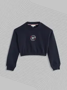 Tommy Hilfiger Girls Navy Blue Brand Logo Embroidered Crop Sweatshirt
