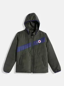 Allen Solly Junior Boys Olive Green & Navy Blue Striped Hooded Padded Jacket