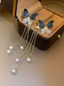 Unwind by Yellow Chimes White Crystal Studded Drop Butterfly Designed Gold Plated Earring