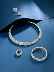 Yellow Chimes Silver-Plated Crystal Stone Studded Necklace Set with Ring & Bracelet