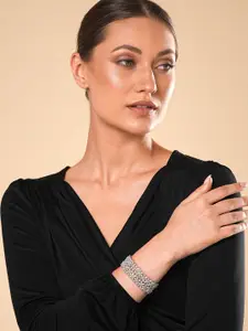 Yellow Chimes Set of 2 Silver Toned White American Diamond Studded Floral Designed Bangles