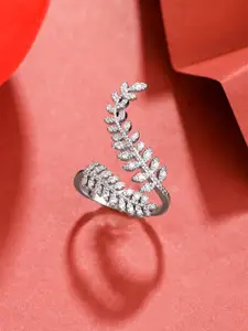 Yellow Chimes Silver Toned Leafy White Crystal-Studded Adjustable Finger Ring