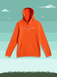Tommy Hilfiger Boys Orange Printed Pure Cotton Hooded Sweatshirt