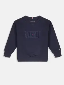 Tommy Hilfiger Boys Navy Blue Logo Self Design Sweatshirt