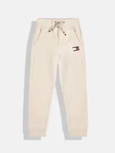 Tommy Hilfiger Boys Cream-Coloured Brand Logo Printed Pure Cotton Joggers
