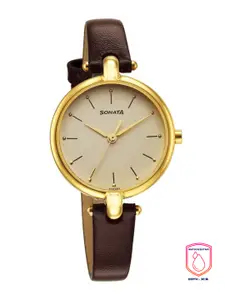 Sonata Women Brass Dial & Leather Straps Analogue Watch 87043YL02W