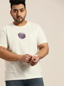 Sztori Men Plus Size Off White & Purple Pure Cotton Graphic Printed T-shirt
