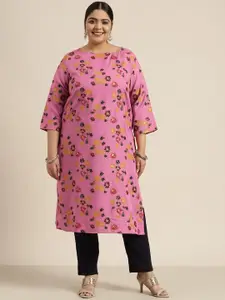 Sztori Women Plus Size Pink & Golden Floral Print Kurta