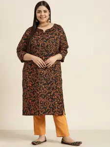 Sztori Women Plus Size Black & Orange Floral Printed Kurta