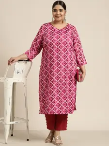 Sztori Women Plus Size Pink & Off White Printed Kurta