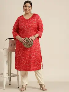 Sztori Women Plus Size Red & Off White Floral Print Kurta