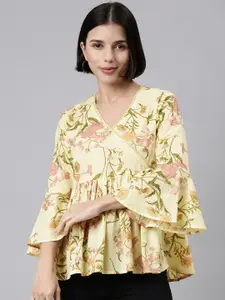 MALHAAR Yellow & Green Floral Print Cotton Wrap Top