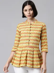 MALHAAR Yellow & Red Geometric Print Mandarin Collar Cotton Peplum Top