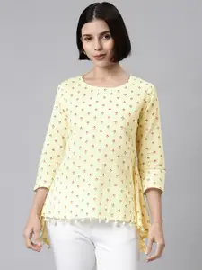 MALHAAR Yellow & Red Floral Print Cotton Top