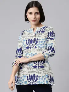MALHAAR Grey & Blue Floral Print Mandarin Collar Roll-Up Sleeves Top