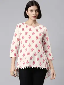 MALHAAR White & Pink Floral Print Cotton Top