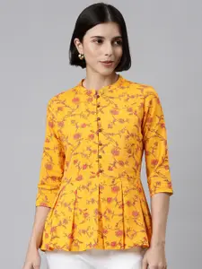 MALHAAR Yellow & Red Floral Print Mandarin Collar Cotton Peplum Top