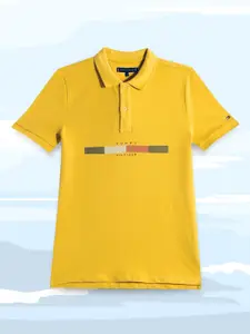 Tommy Hilfiger Boys Mustard Yellow Brand Logo Printed Polo Collar Pure Cotton T-shirt