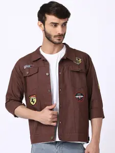VOXATI Men Brown Longline Denim Jacket with Embroidered