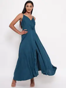 Aawari Teal Solid Wrap Maxi Dress