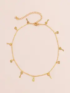 AQUASTREET Gold-Toned Gold-Plated Lock and Key Charms Thin Necklace