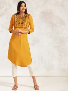 Anouk Women Mustard Yellow Embroidered A-Line Kurta