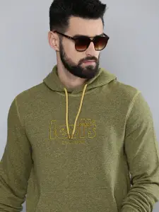 Levis Men Olive Green Brand Logo Embroidered Hooded Sweatshirt