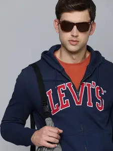 Levis Men Navy Blue Brand Logo Print Pure Cotton Hooded Sweatshirt