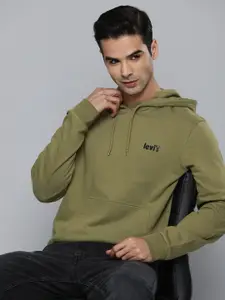 Levis Men Olive Green Brand Logo Printed Hooded Pullover Sweatshirt