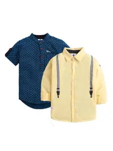 TONYBOY Boys Teal, Yellow Premium Polka Dot , Suspender design Printed Casual Shirt